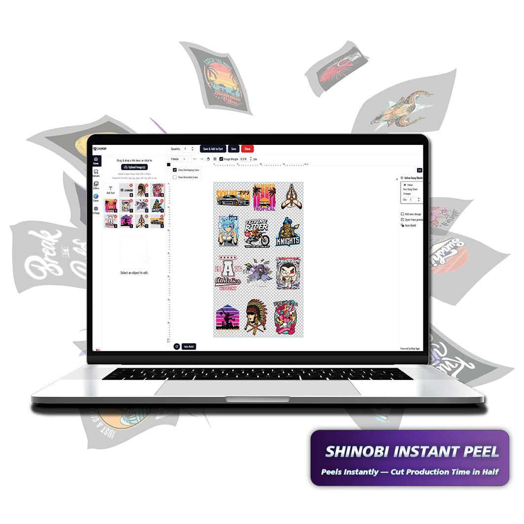 Shinobi Transfers online DTF gang sheet builder interface for uploading and arranging artwork.