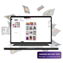 Shinobi Transfers online DTF gang sheet builder interface for uploading and arranging artwork.