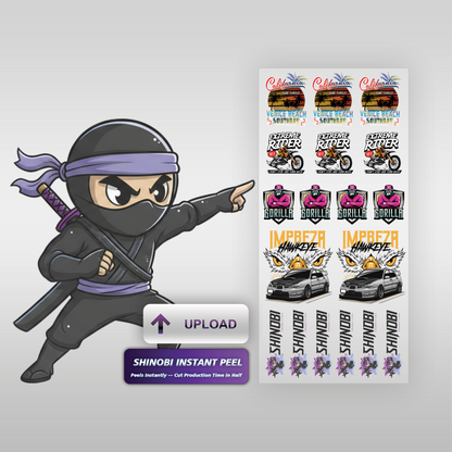 Shinobi Transfers upload-your-own DTF gang sheet feature for custom print files.