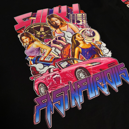 Custom T-shirt printed with Shinobi DTF transfers on a heat press, displaying sharp and vibrant colours.